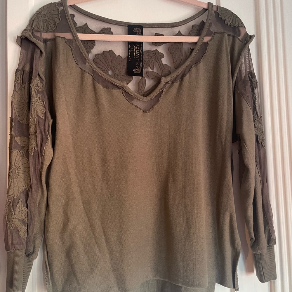 Free People Khaki Sheer Floral Embroidered Top SMALL